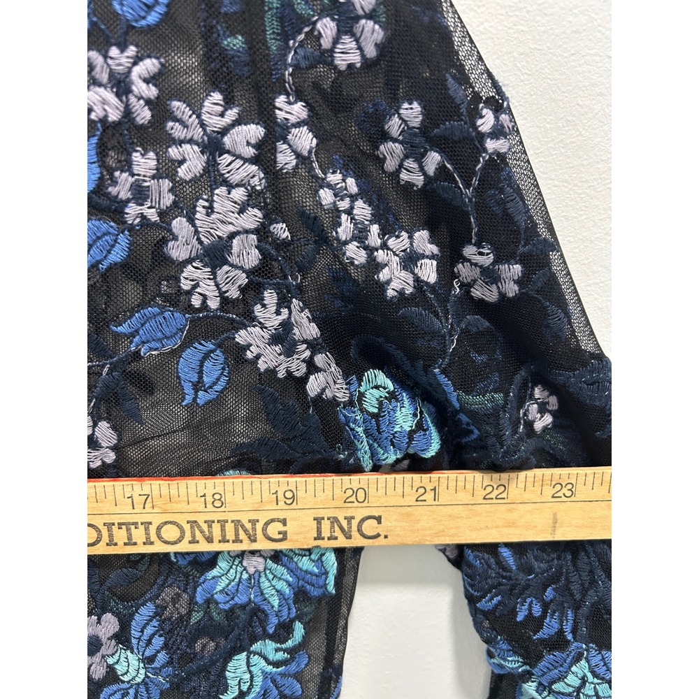 Sheer Black Mesh Floral Embroidered Button Down Shirt Blue Teal Top XL - Picture 6 of 9